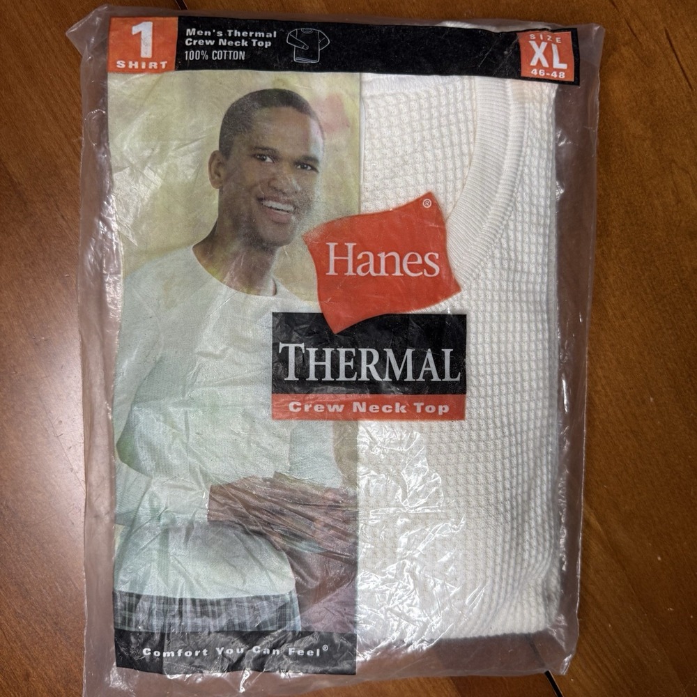 NEW 2003 Hanes Thermal Crew Neck Top Mens XL White Waffle Knit 100% Cotton